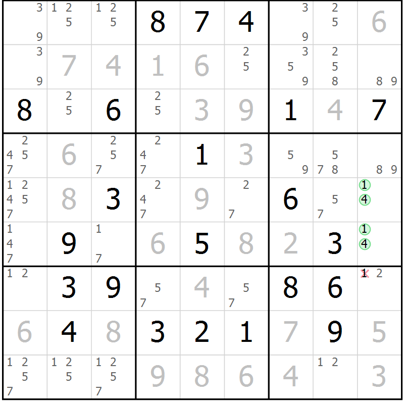Position des candidats pour la solution de la Gr 22 page 25 du magazine de sudoku Virtuose n° 106