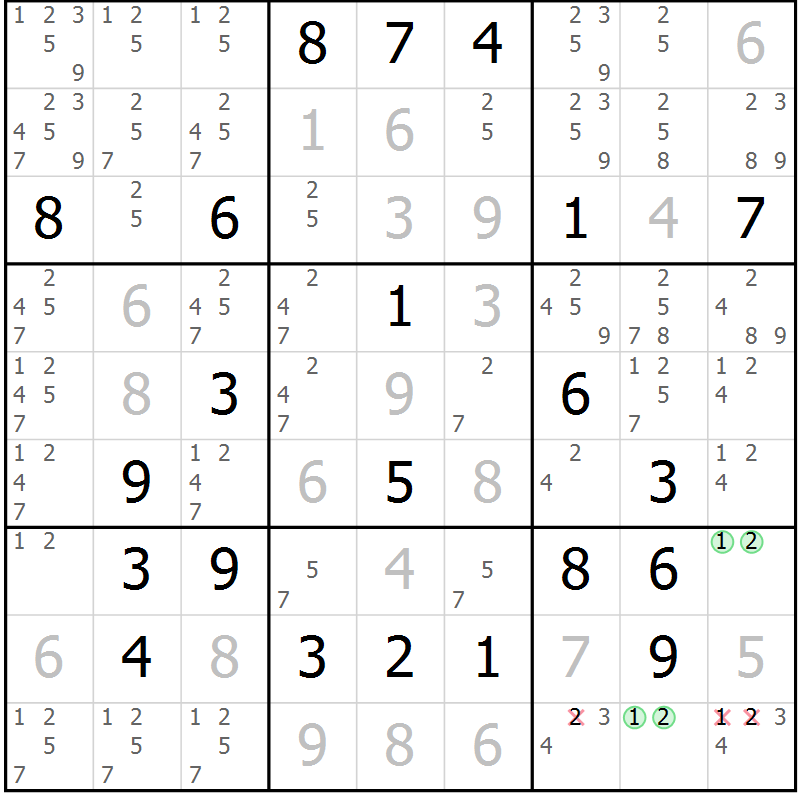 Position des candidats pour la solution de la Gr 22 page 25 du magazine de sudoku Virtuose n° 106