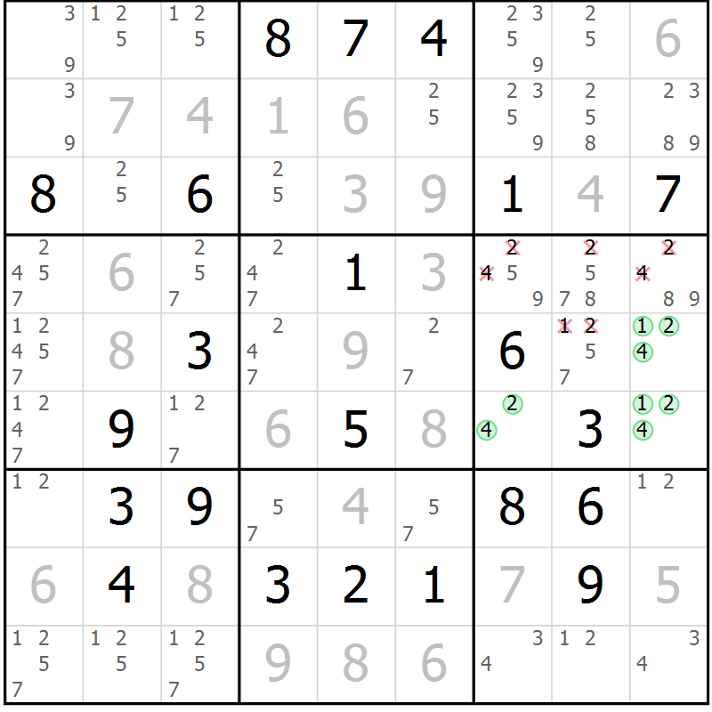Position des candidats pour la solution de la Gr 22 page 25 du magazine de sudoku Virtuose n° 106