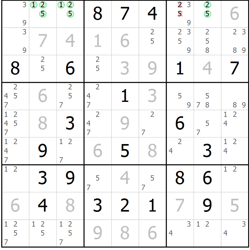 Position des candidats pour la solution de la Gr 22 page 25 du magazine de sudoku Virtuose n° 106