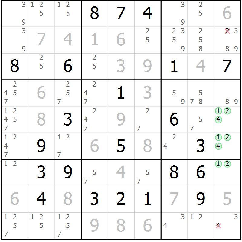Position des candidats pour la solution de la Gr 22 page 25 du magazine de sudoku Virtuose n° 106