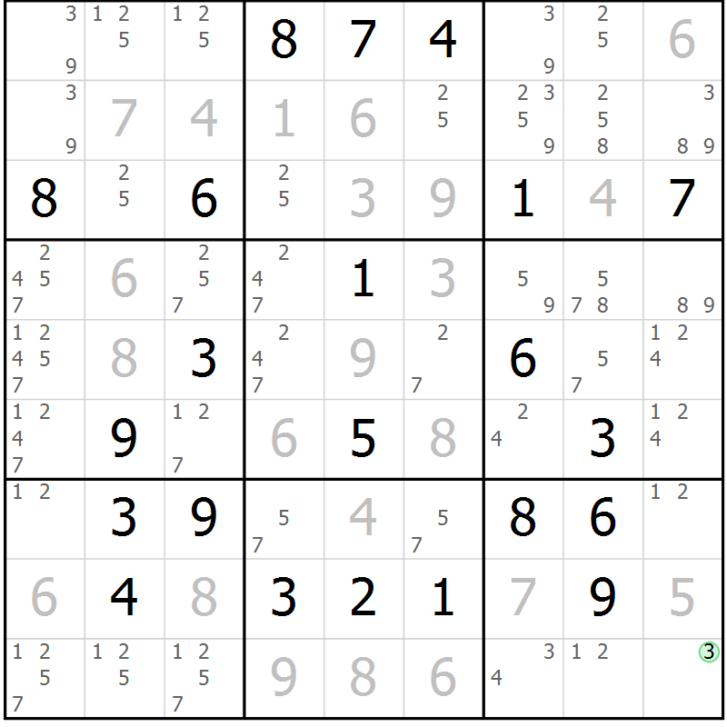 Position des candidats pour la solution de la Gr 22 page 25 du magazine de sudoku Virtuose n° 106