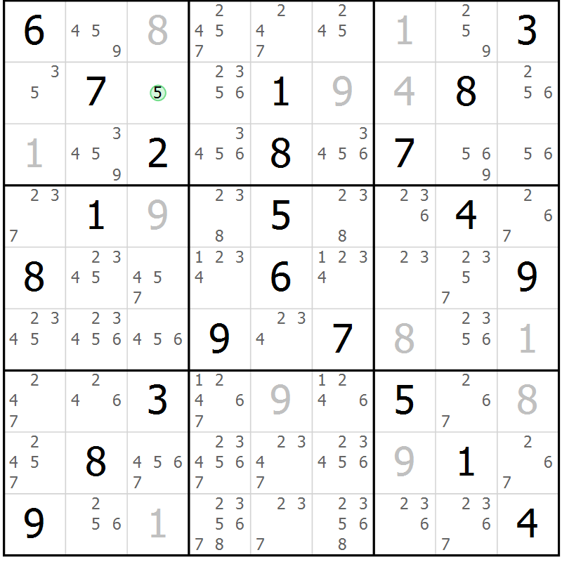 Position des candidats pour la solution de la Gr 23 page 26 du magazine de sudoku Virtuose n° 106