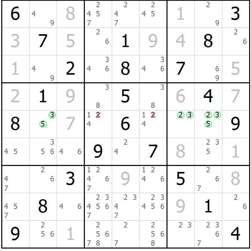 Position des candidats pour la solution de la Gr 23 page 26 du magazine de sudoku Virtuose n° 106