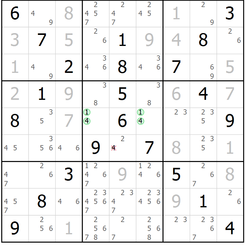 Position des candidats pour la solution de la Gr 23 page 26 du magazine de sudoku Virtuose n° 106