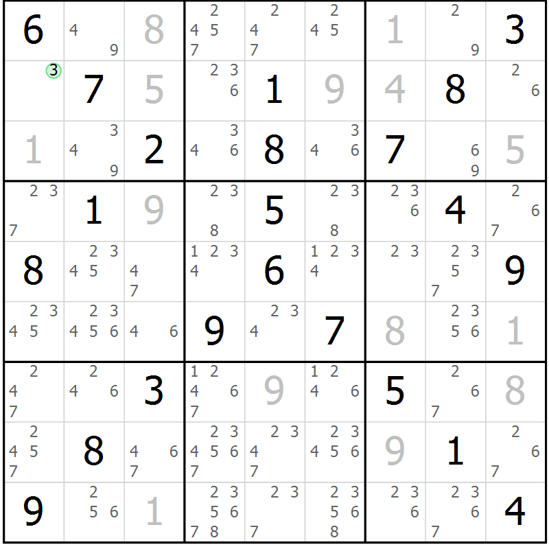 Position des candidats pour la solution de la Gr 23 page 26 du magazine de sudoku Virtuose n° 106