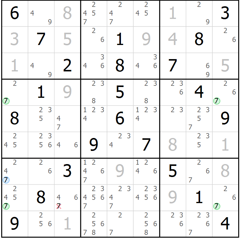 Position des candidats pour la solution de la Gr 23 page 26 du magazine de sudoku Virtuose n° 106