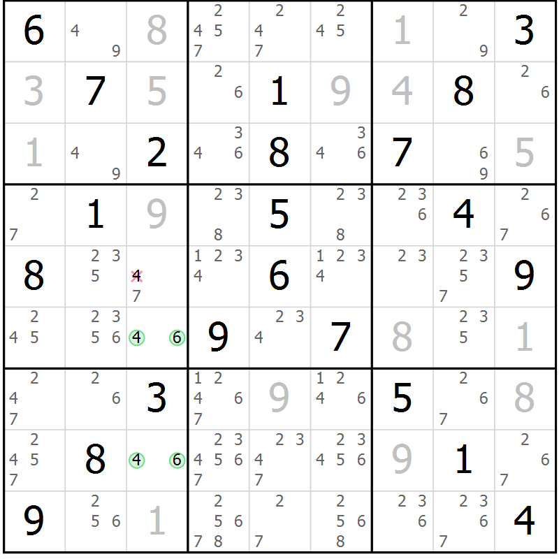 Position des candidats pour la solution de la Gr 23 page 26 du magazine de sudoku Virtuose n° 106