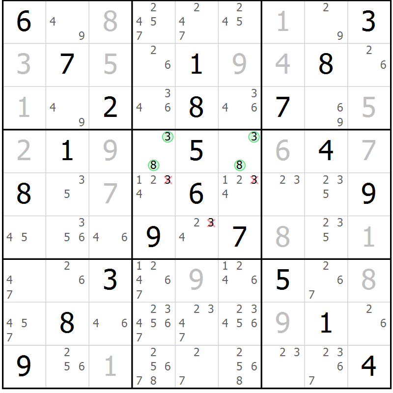 Position des candidats pour la solution de la Gr 23 page 26 du magazine de sudoku Virtuose n° 106