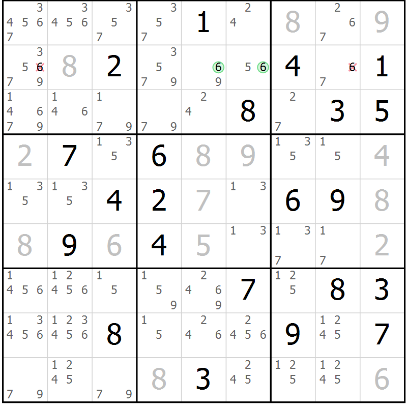 Position des candidats pour la solution de la Gr 3 page 6 du magazine de sudoku Virtuose n° 106