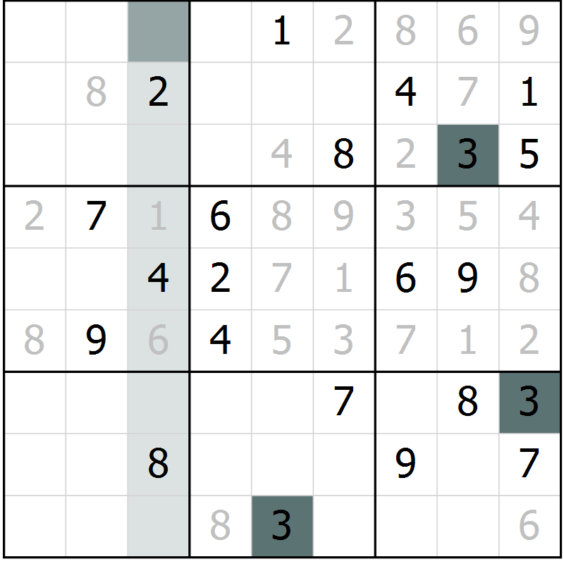 Position des candidats pour la solution de la Gr 3 page 6 du magazine de sudoku Virtuose n° 106