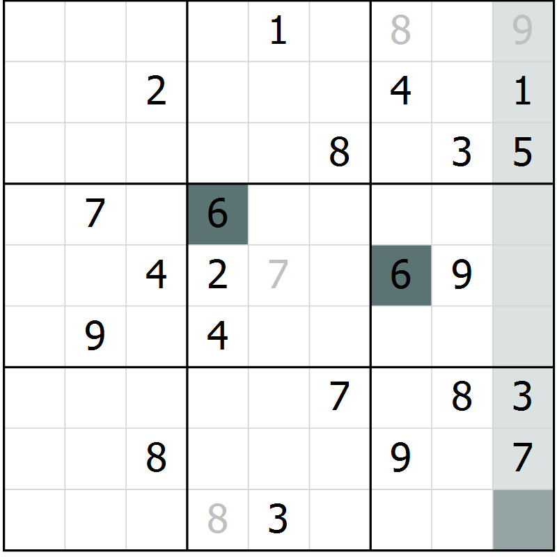 Position des candidats pour la solution de la Gr 3 page 6 du magazine de sudoku Virtuose n° 106