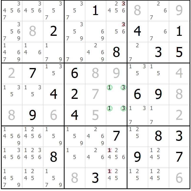 Position des candidats pour la solution de la Gr 3 page 6 du magazine de sudoku Virtuose n° 106