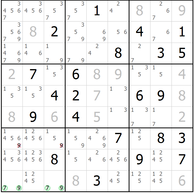Position des candidats pour la solution de la Gr 3 page 6 du magazine de sudoku Virtuose n° 106