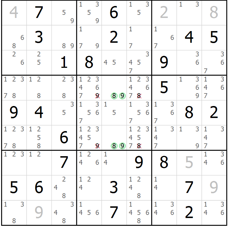 Position des candidats pour la solution de la Gr 30 page 33 du magazine de sudoku Virtuose n° 106