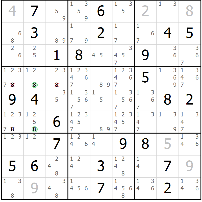Position des candidats pour la solution de la Gr 30 page 33 du magazine de sudoku Virtuose n° 106