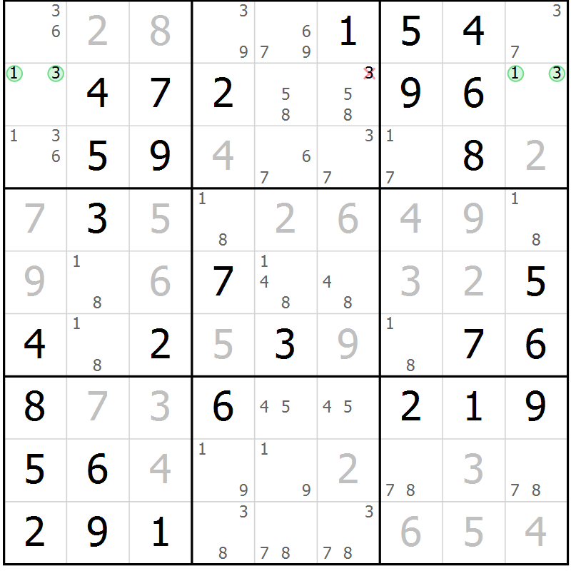 Position des candidats pour la solution de la Gr 31 page 34 du magazine de sudoku Virtuose n° 106