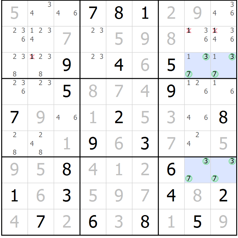 Position des candidats pour la solution de la Gr 33 page 36 du magazine de sudoku Virtuose n° 106