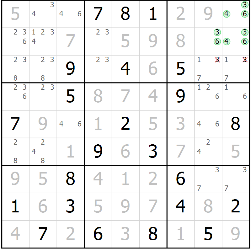 Position des candidats pour la solution de la Gr 33 page 36 du magazine de sudoku Virtuose n° 106