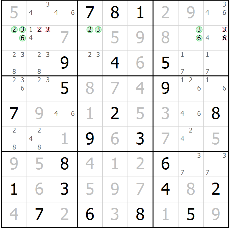 Position des candidats pour la solution de la Gr 33 page 36 du magazine de sudoku Virtuose n° 106