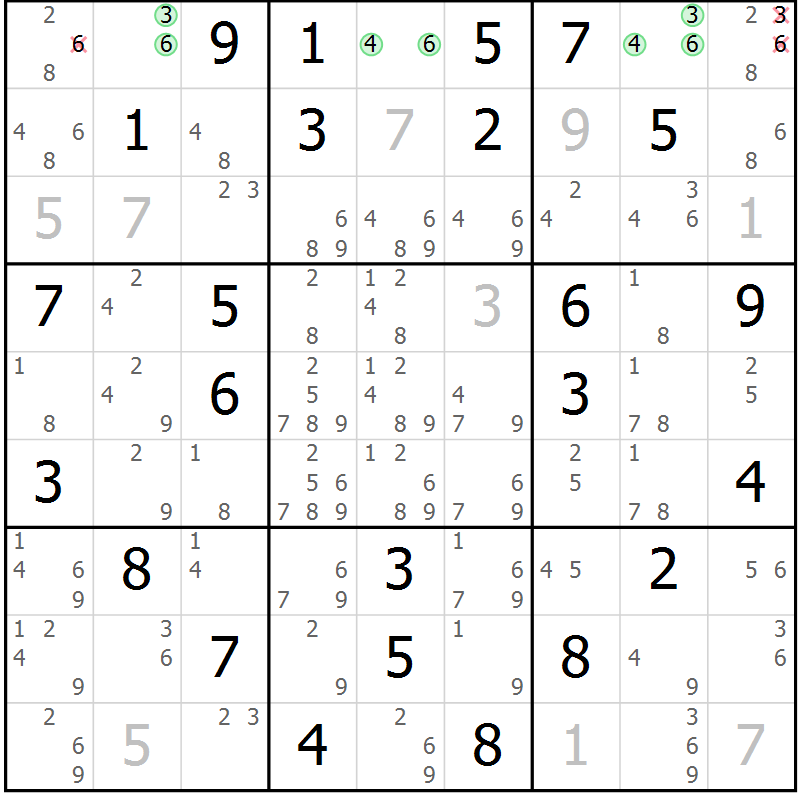 Position des candidats pour la solution de la Gr 35 page 38 du magazine de sudoku Virtuose n° 106