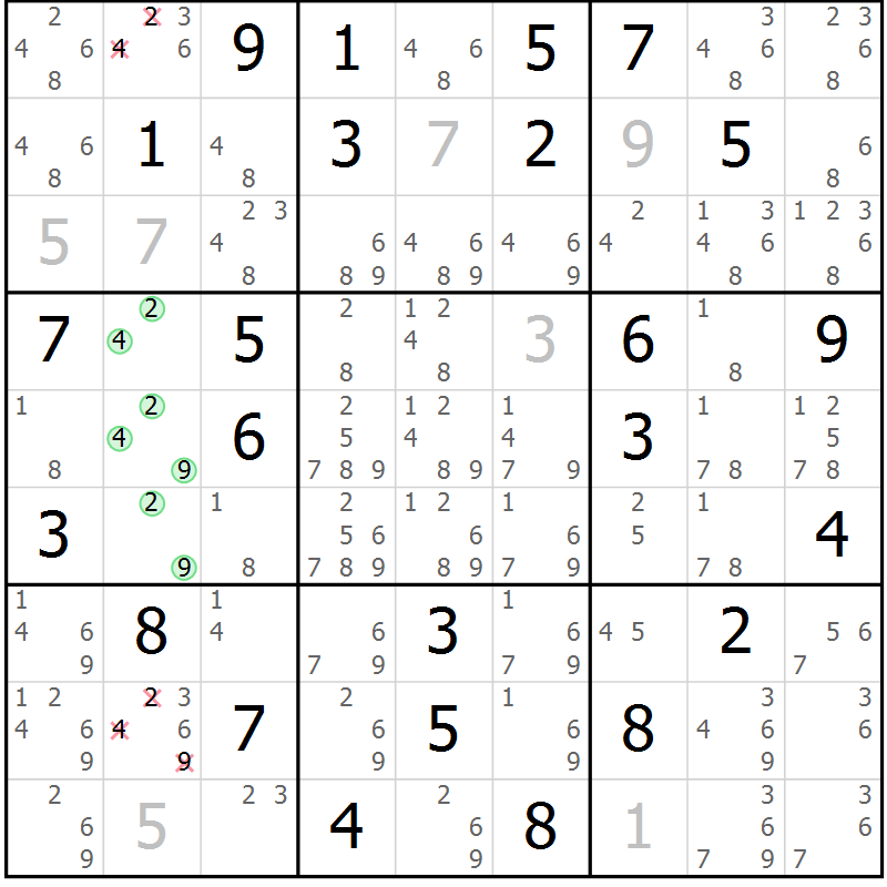 Position des candidats pour la solution de la Gr 35 page 38 du magazine de sudoku Virtuose n° 106