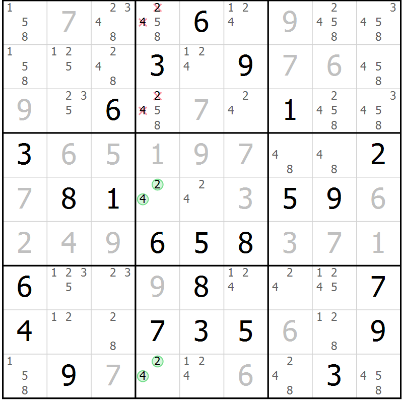 Position des candidats pour la solution de la Gr 36 page 39 du magazine de sudoku Virtuose n° 106