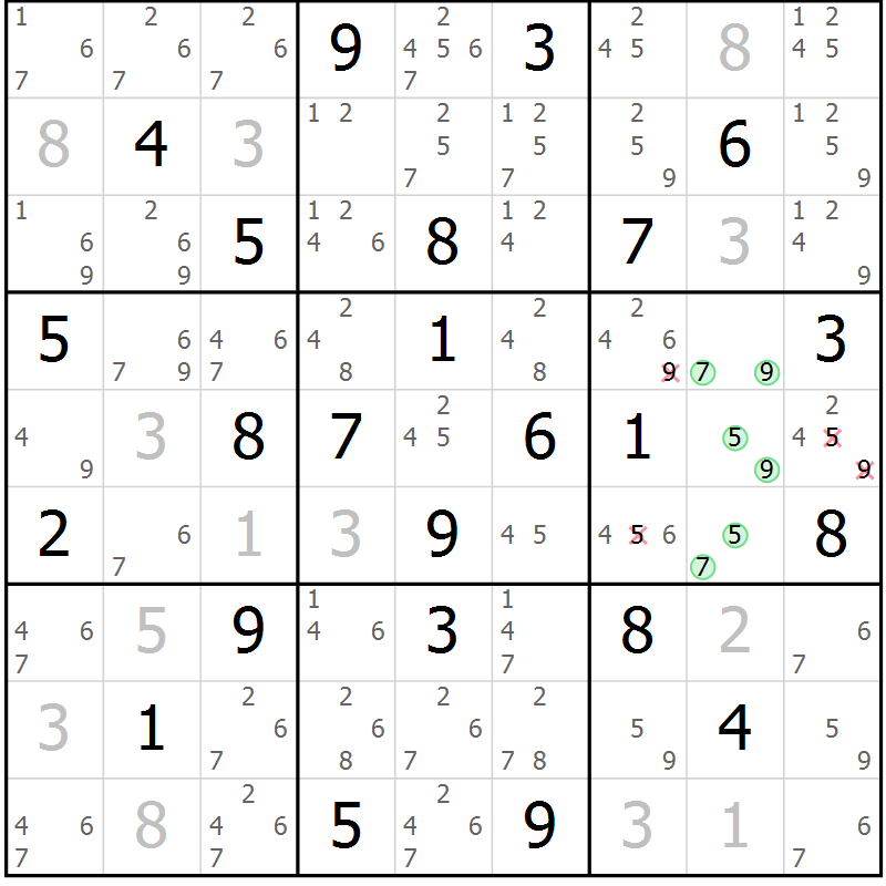 Position des candidats pour la solution de la Gr 38 page 41 du magazine de sudoku Virtuose n° 106