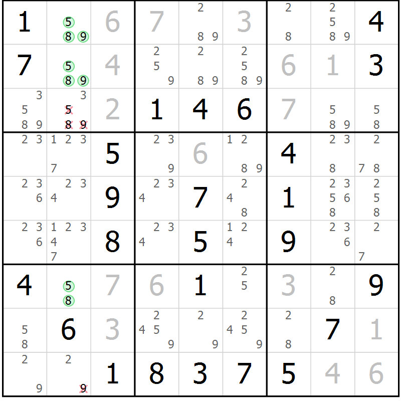 Position des candidats pour la solution de la Gr 39 page 42 du magazine de sudoku Virtuose n° 106