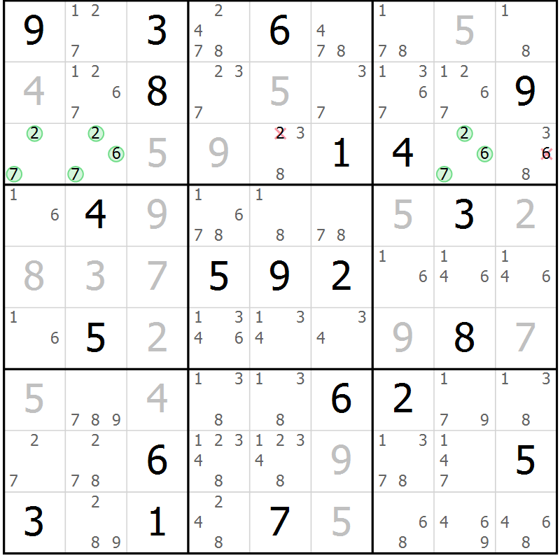 Position des candidats pour la solution de la Gr 4 page 7 du magazine de sudoku Virtuose n° 106