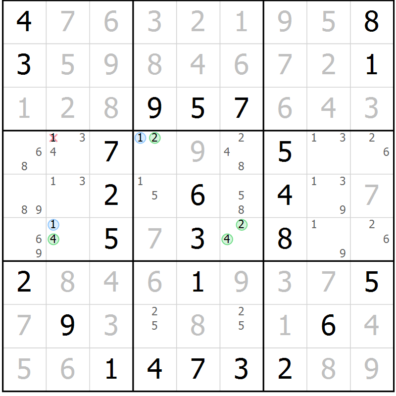 Position des candidats pour la solution de la Gr 40 page 43 du magazine de sudoku Virtuose n° 106