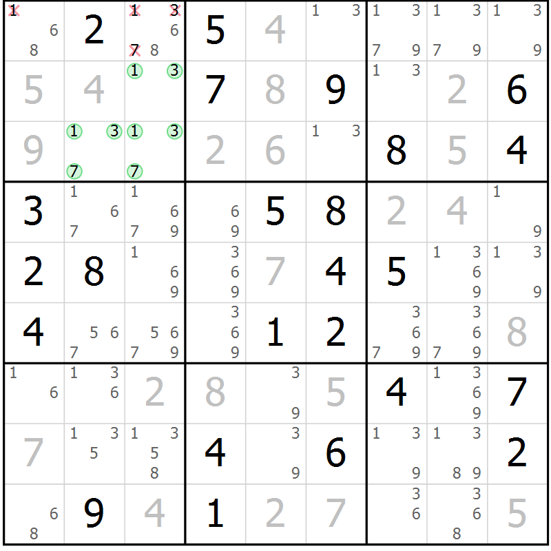Position des candidats pour la solution de la Gr 41 page 44 du magazine de sudoku Virtuose n° 106
