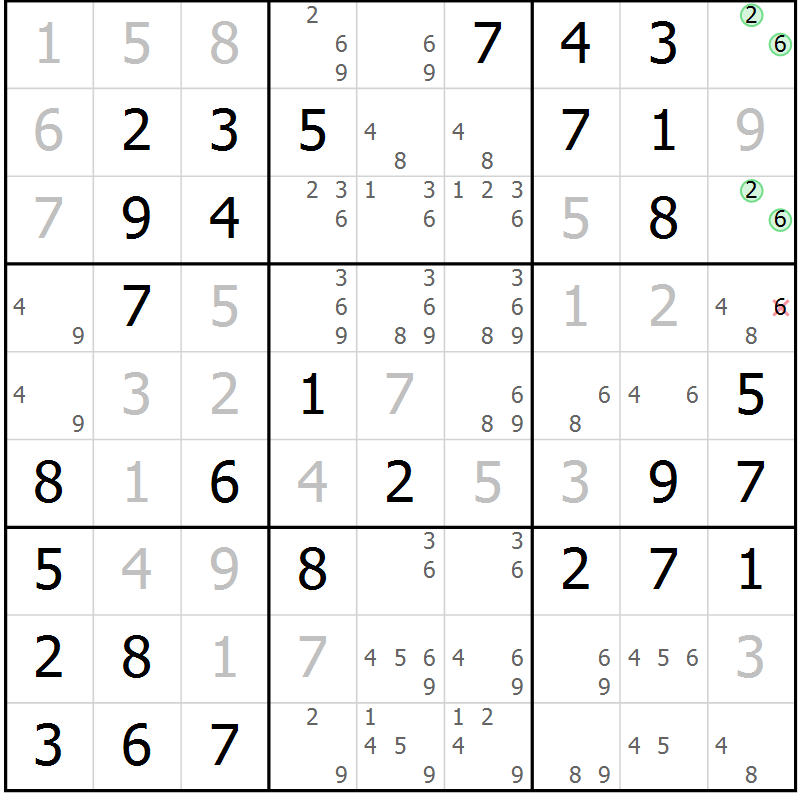 Position des candidats pour la solution de la Gr 42 page 45 du magazine de sudoku Virtuose n° 106