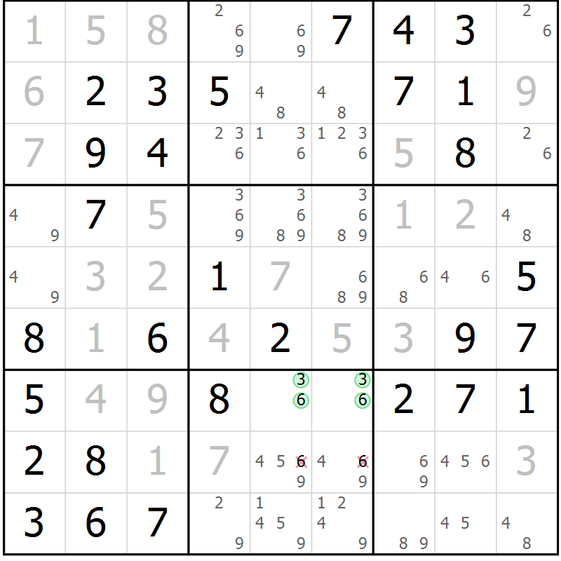 Position des candidats pour la solution de la Gr 42 page 45 du magazine de sudoku Virtuose n° 106