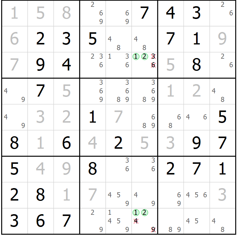 Position des candidats pour la solution de la Gr 42 page 45 du magazine de sudoku Virtuose n° 106