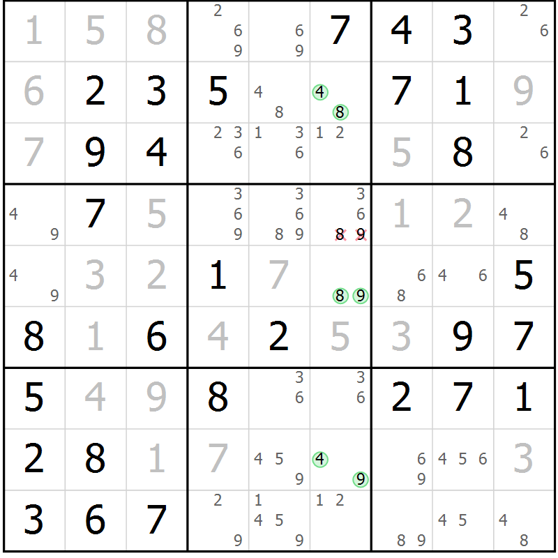 Position des candidats pour la solution de la Gr 42 page 45 du magazine de sudoku Virtuose n° 106