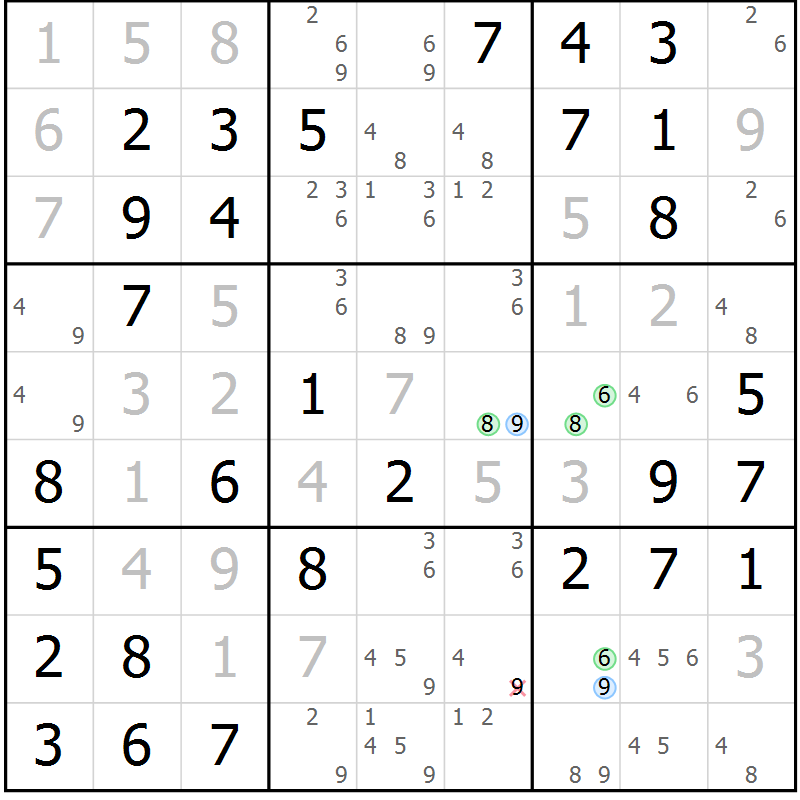 Position des candidats pour la solution de la Gr 42 page 45 du magazine de sudoku Virtuose n° 106