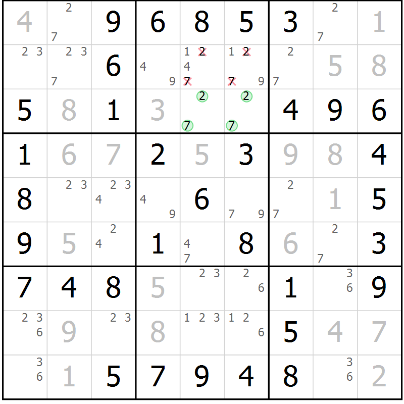 Position des candidats pour la solution de la Gr 43 page 46 du magazine de sudoku Virtuose n° 106