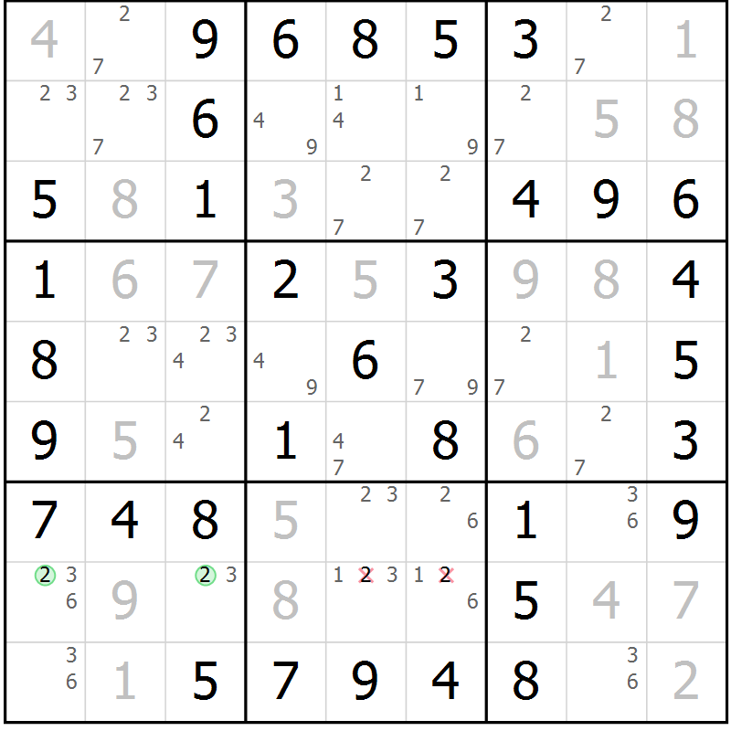 Position des candidats pour la solution de la Gr 43 page 46 du magazine de sudoku Virtuose n° 106