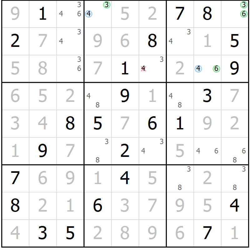 Position des candidats pour la solution de la Gr 45 page 48 du magazine de sudoku Virtuose n° 106