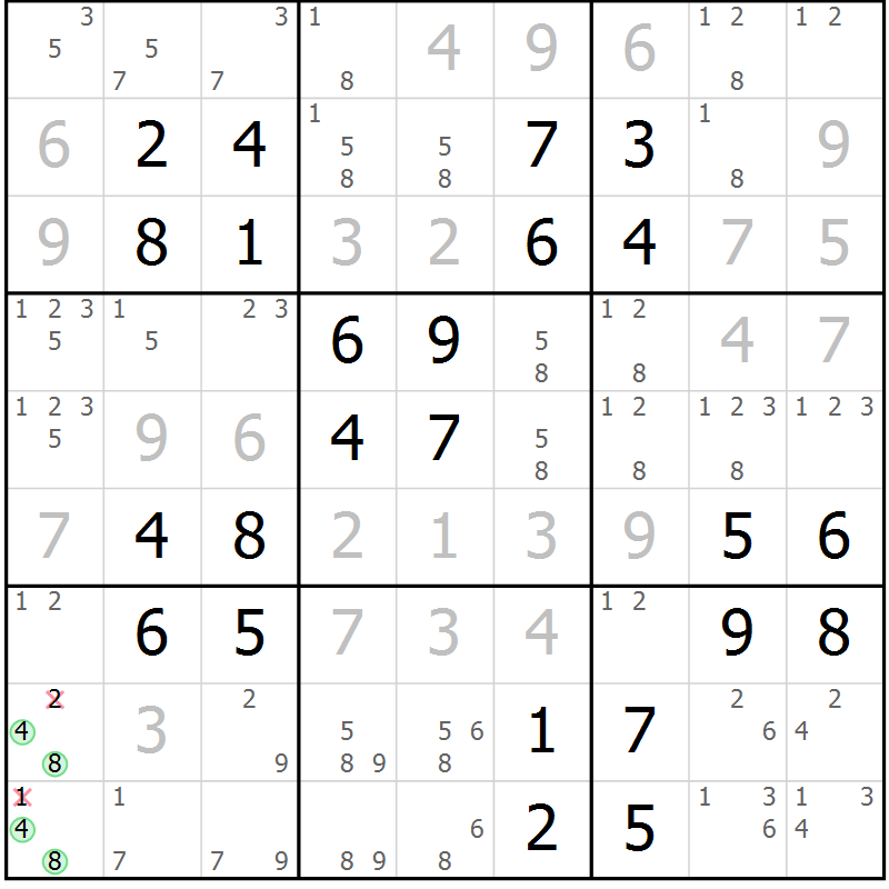Position des candidats pour la solution de la Gr 46 page 49 du magazine de sudoku Virtuose n° 106