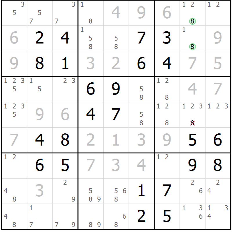 Position des candidats pour la solution de la Gr 46 page 49 du magazine de sudoku Virtuose n° 106