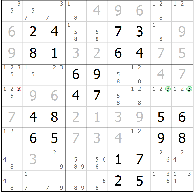 Position des candidats pour la solution de la Gr 46 page 49 du magazine de sudoku Virtuose n° 106