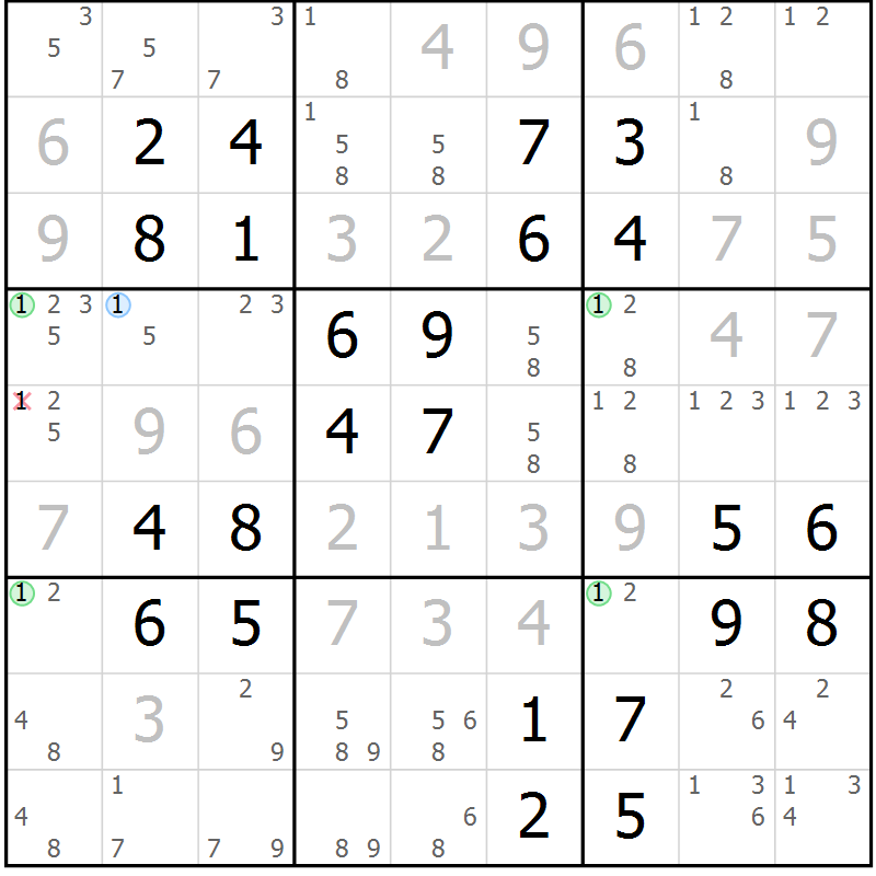 Position des candidats pour la solution de la Gr 46 page 49 du magazine de sudoku Virtuose n° 106
