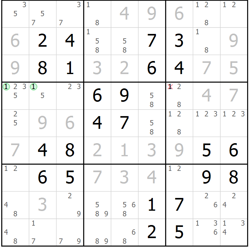 Position des candidats pour la solution de la Gr 46 page 49 du magazine de sudoku Virtuose n° 106