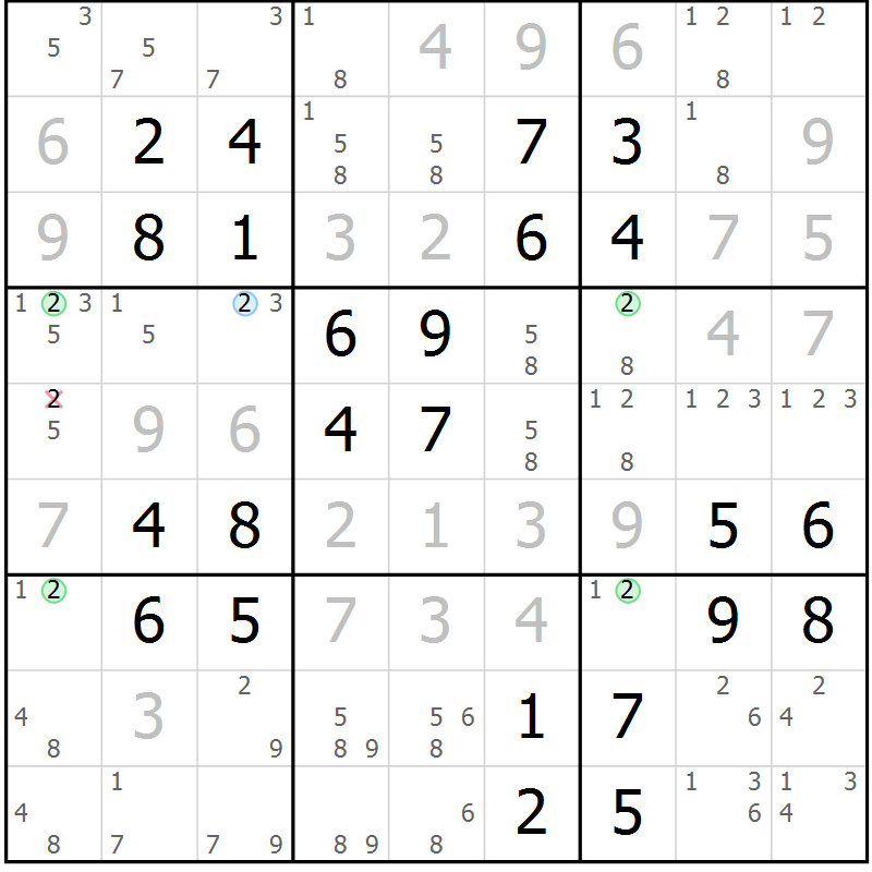 Position des candidats pour la solution de la Gr 46 page 49 du magazine de sudoku Virtuose n° 106
