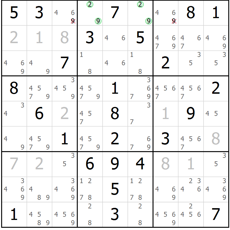 Position des candidats pour la solution de la Gr 47 page 50 du magazine de sudoku Virtuose n° 106