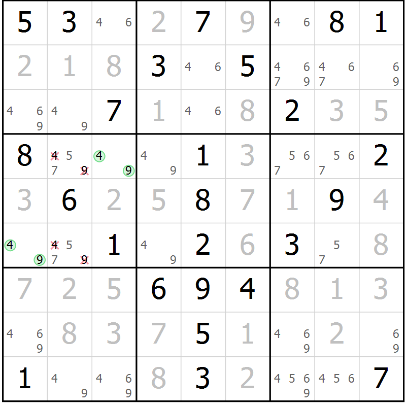 Position des candidats pour la solution de la Gr 47 page 50 du magazine de sudoku Virtuose n° 106