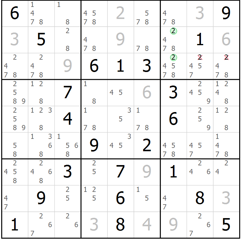 Position des candidats pour la solution de la Gr 49 page 52 du magazine de sudoku Virtuose n° 106