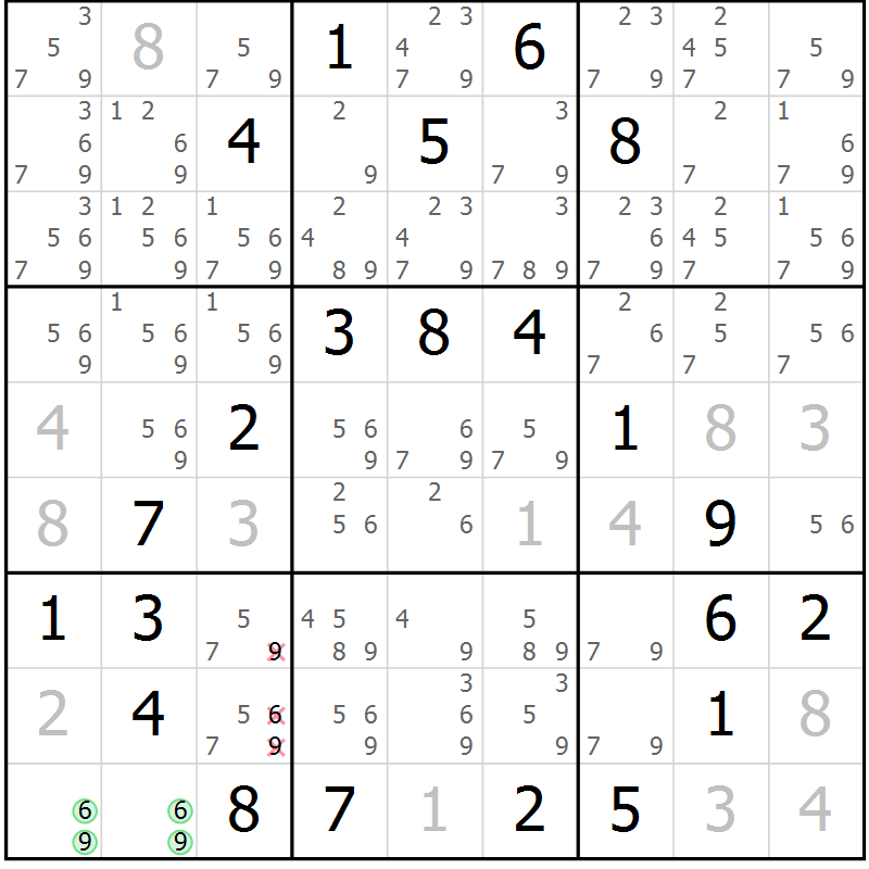 Position des candidats pour la solution de la Gr 5 page 8 du magazine de sudoku Virtuose n° 106